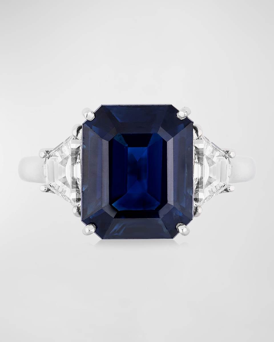18K White Gold Sapphire and Diamond 3 Stone Ring, Size 6.5